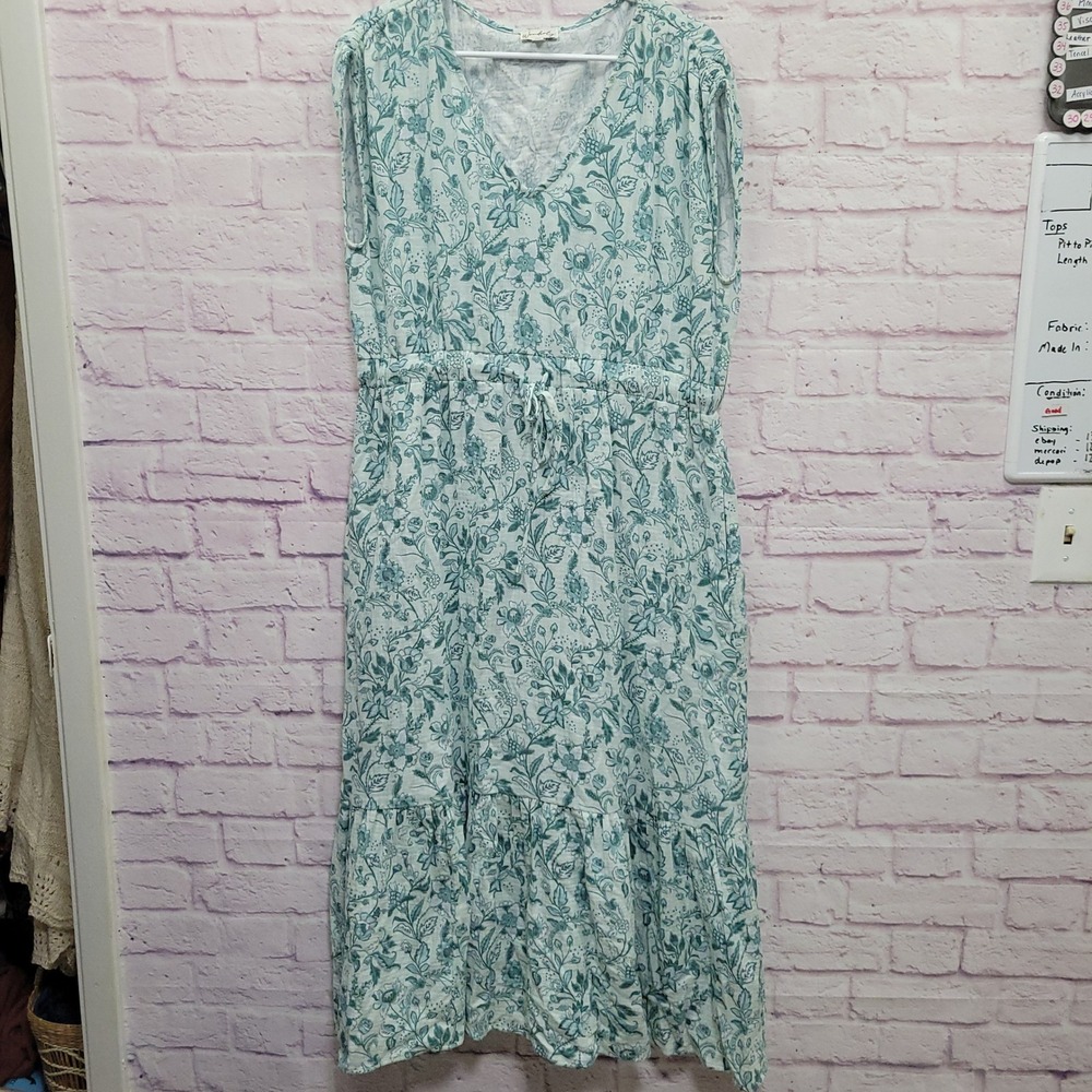 Wonderly Green Floral Maxi Dress XL Tiered Drawstring Boho Cottagecore Prairie